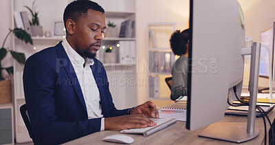 Buy stock photo Laptop, office administration and happy black man typing finance report, online banking review or financial accounting. Bookkeeping, budget funding analysis and bank admin working on payroll system