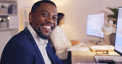 Buy stock photo Business, night and face of happy black man in office working late on computer for planning, goals and project. Corporate, manager and portrait of male entrepreneur with confidence, pride and smile