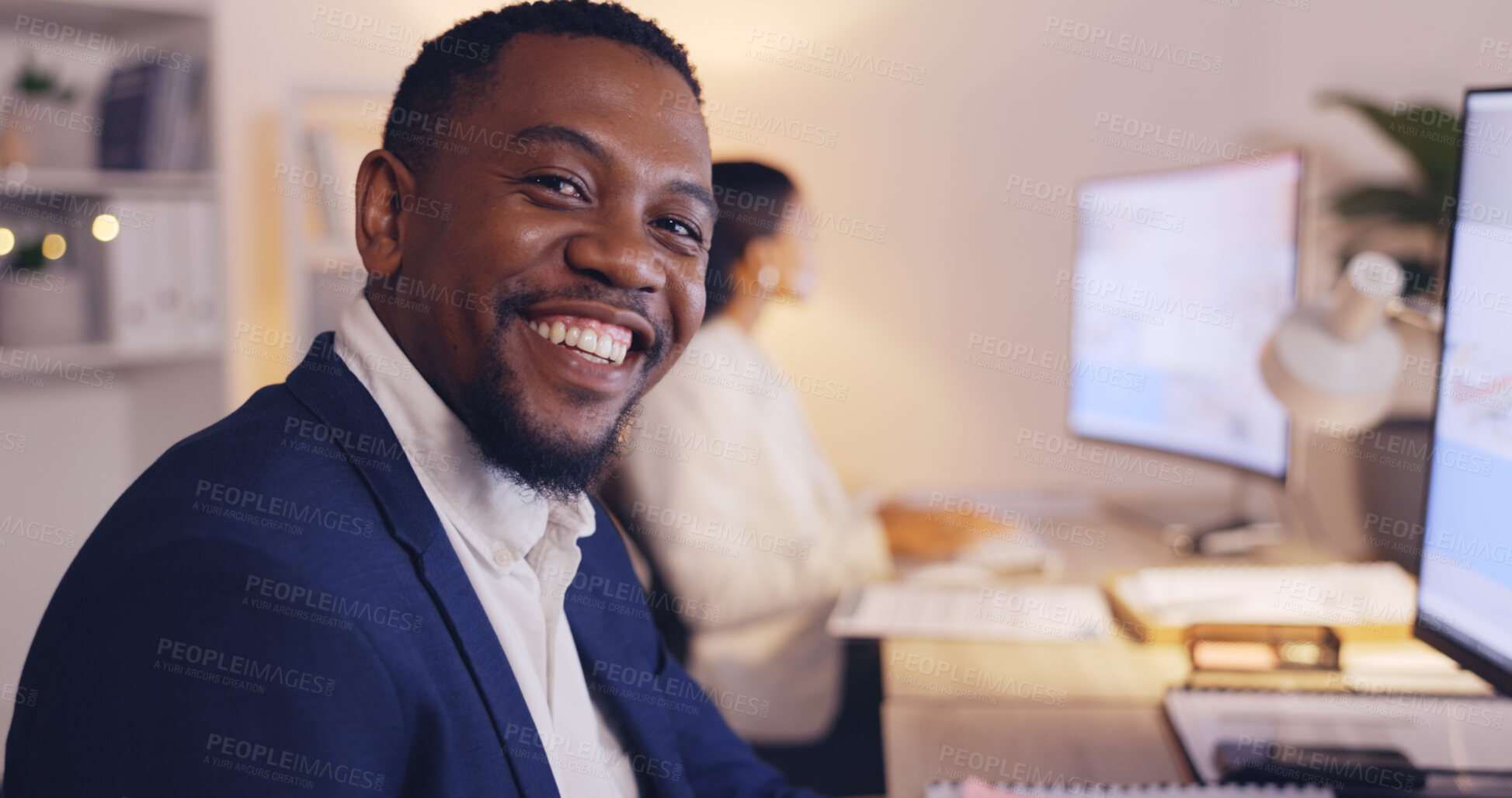 Buy stock photo Business, night and face of happy black man in office working late on computer for planning, goals and project. Corporate, manager and portrait of male entrepreneur with confidence, pride and smile