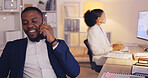 Laugh, night and phone call with black man in office for consulting, networking and communication. Discussion, connection and hello with male in agency for commitment, positive and overtime