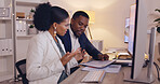 Business, discussion and employees system, corporate training and notes in workplace. African American woman, coworkers and people with development, paperwork for process and explain company rules