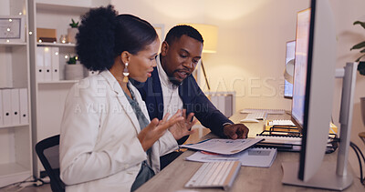 Buy stock photo Business people, team discussion and reading paperwork, productivity and corporate collaboration with project report. Review market research, black man and woman work overtime for strategy planning