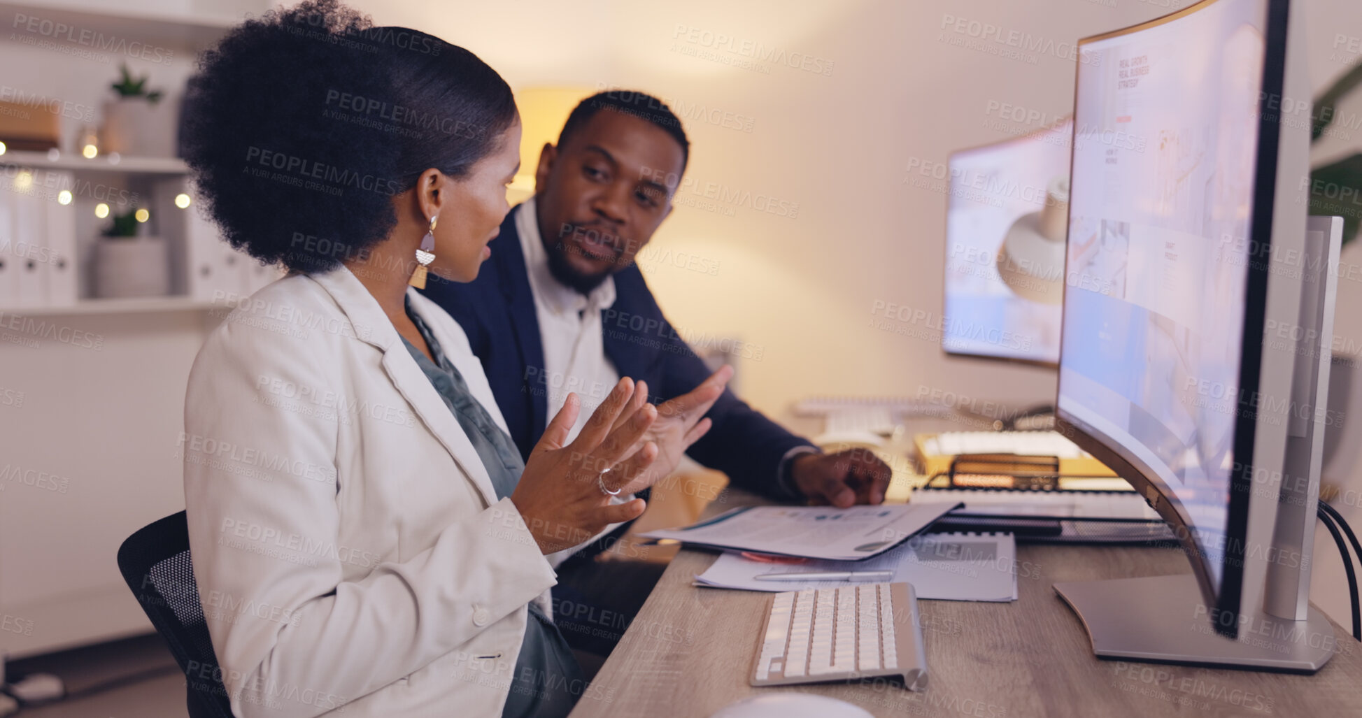 Buy stock photo Business people, team discussion and communication, computer with productivity and corporate collaboration.  Review market research, black man and woman working together with strategy planning