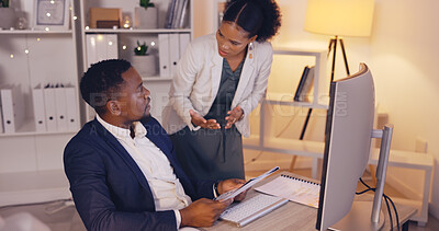 Buy stock photo Business people, documents and night for project deadline, planning or collaboration in teamwork at office. Businessman and woman working late together in team discussion with paperwork at workplace