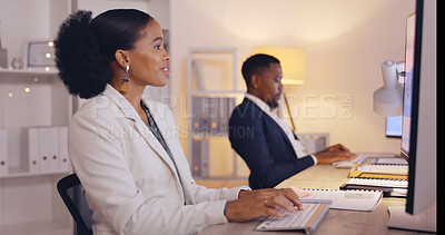 Buy stock photo Woman looking at screen  computer typing to schedule agenda, office administration and reminder. Closeup worker, notebook and desktop planning of ideas, review information and research strategy