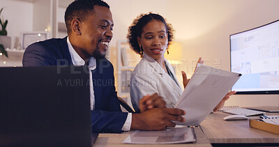 Buy stock photo Business people, team discussion and analysis of paperwork, productivity and corporate collaboration with project report. Review market research, black man and woman work together for strategy plan