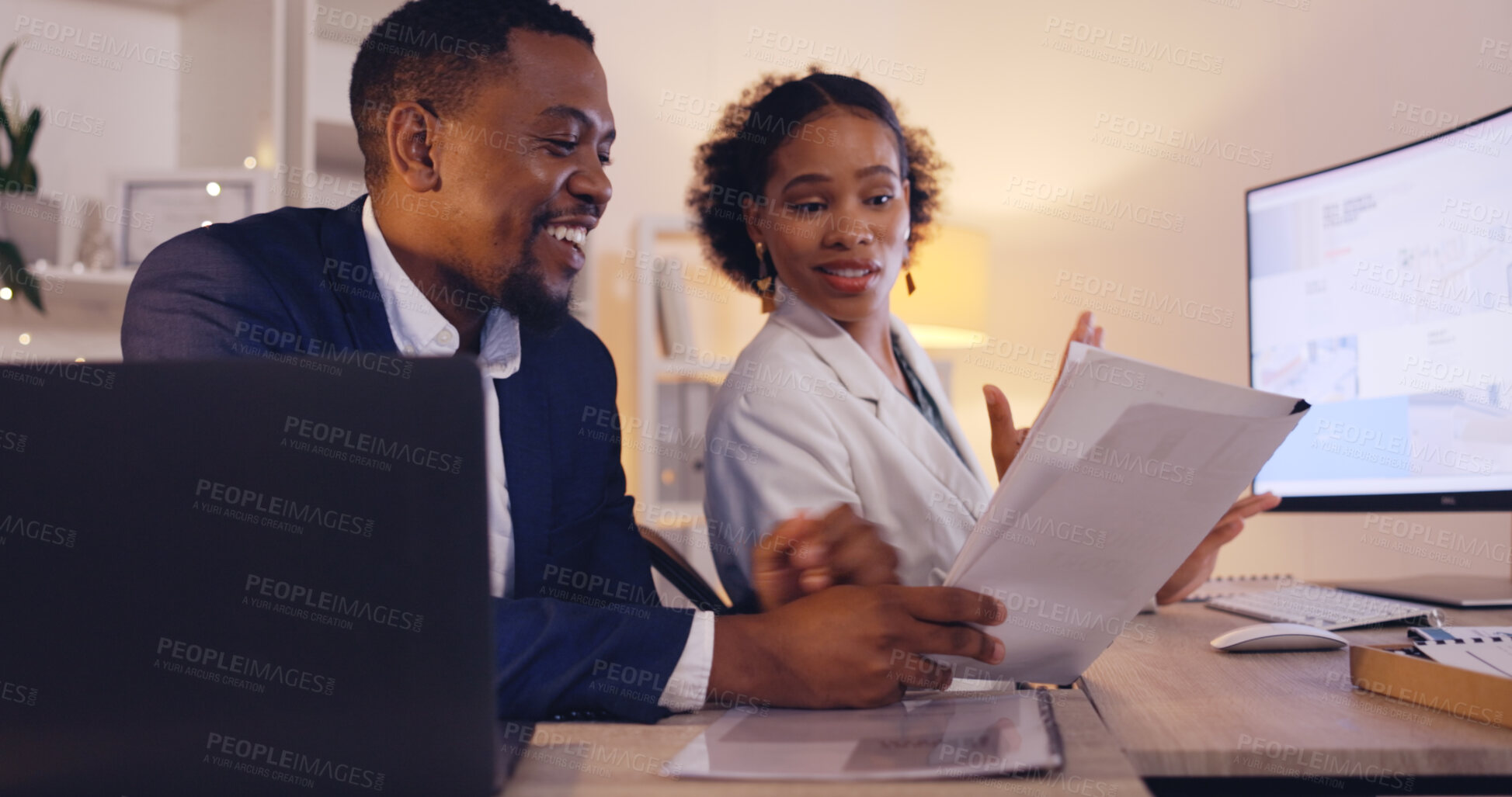 Buy stock photo Business people, team discussion and analysis of paperwork, productivity and corporate collaboration with project report. Review market research, black man and woman work together for strategy plan