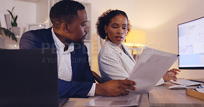 Buy stock photo Business people, team in meeting and analysis of paperwork, productivity and corporate collaboration with project report. Review market research, black man and woman work together for strategy plan