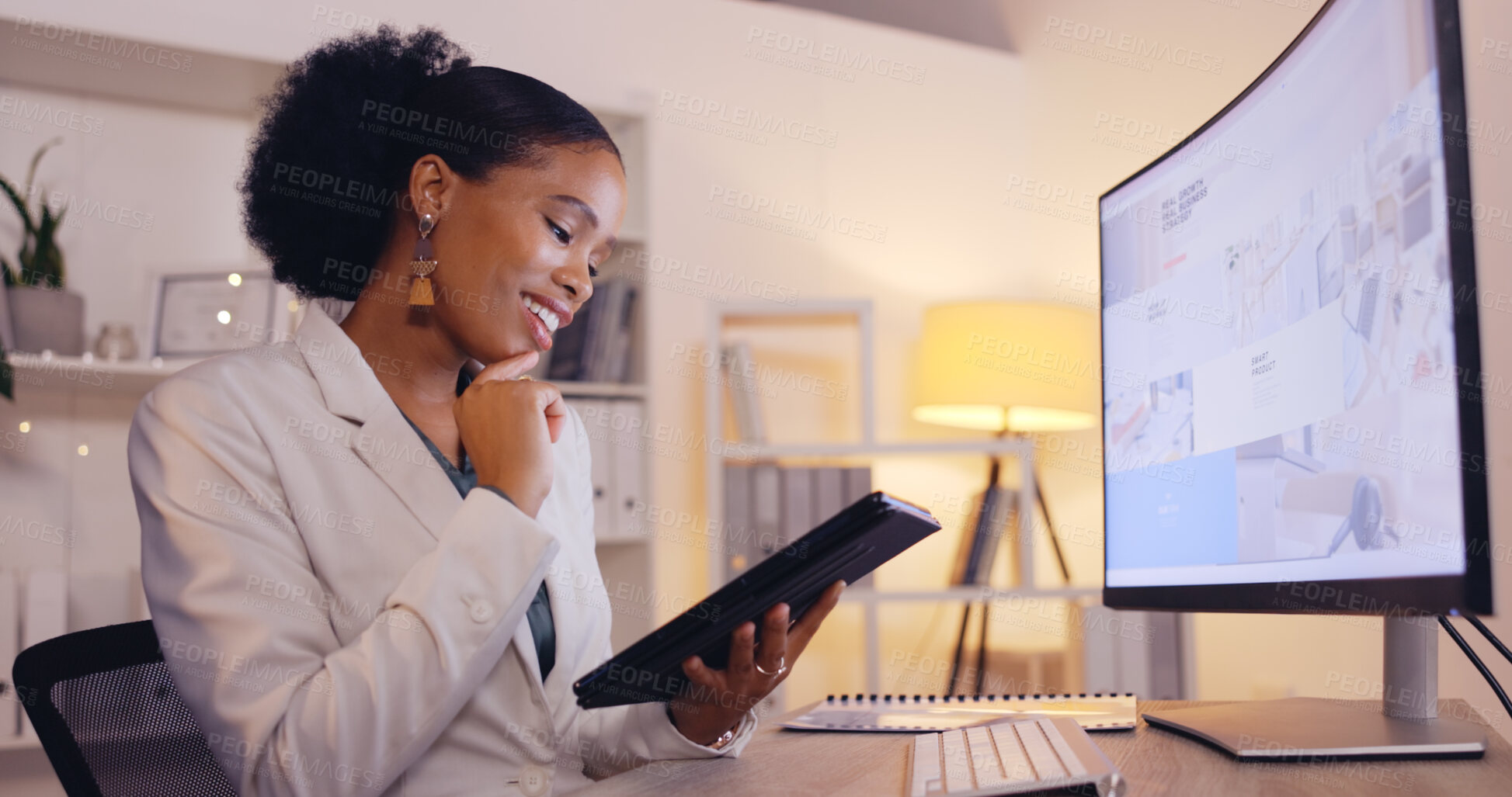 Buy stock photo Computer screen, thinking and black woman for business research, analysis or website design review in night office. Serious, focus and professional person with ideas on digital tablet and desktop pc