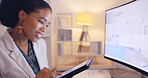 Reading, business and tablet with black woman in office for website, branding and digital marketing. Review, night and corporate with female employee at computer for planning, proposal and commitment