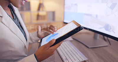 Buy stock photo Chart, business and tablet with hands of woman in office for website, branding and digital marketing. Review, night and corporate with employee at computer for planning, proposal and commitment