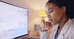 Computer, thinking and business black woman with analysis, market research or data analytics report in night office. Serious, focus and professional person on multimedia tech or desktop screen review