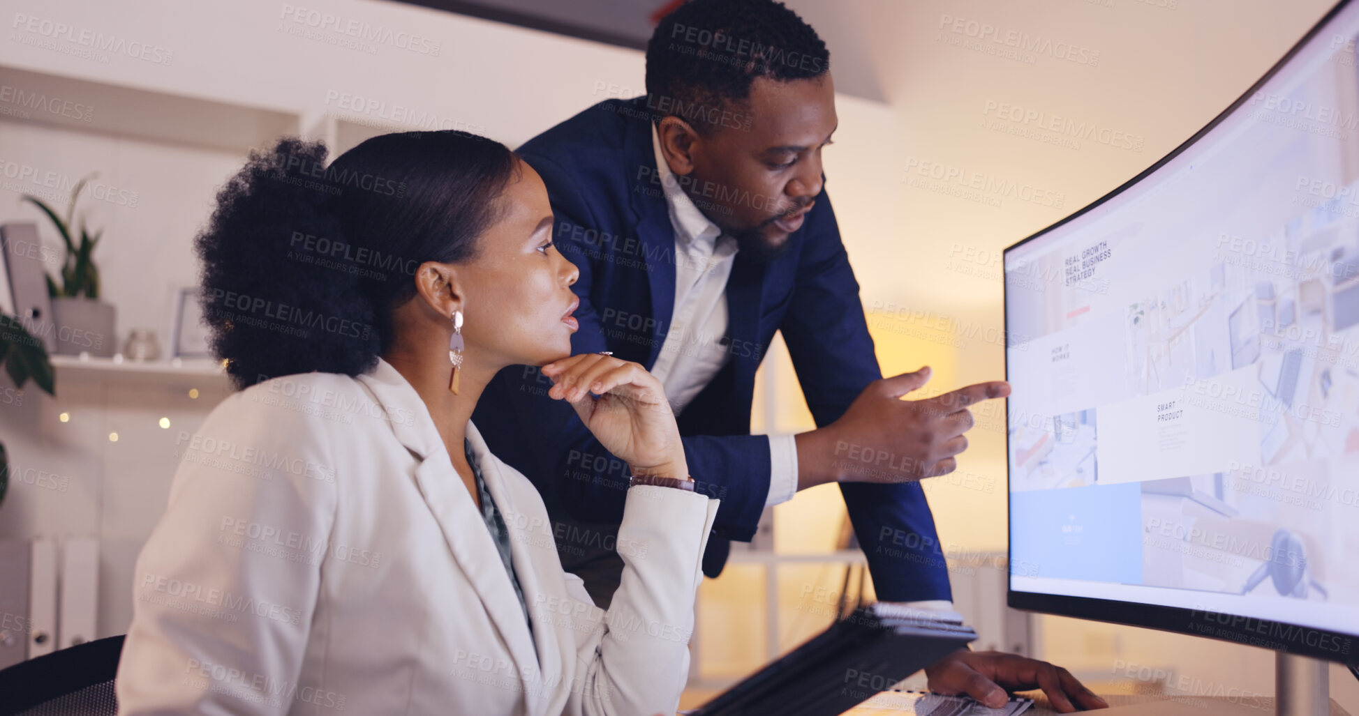 Buy stock photo Business people, night and team talking at computer for deadline, project report and corporate collaboration. Employees, discussion and planning at desktop with paperwork, overtime or online research