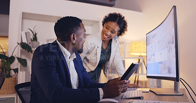 Buy stock photo Computer, teamwork and business people laughing in the office while working on a project together. Technology, collaboration and funny with a happy company team using the internet for research