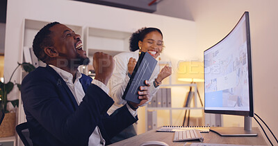 Buy stock photo Happy business people, fist pump and night in celebration for winning, team promotion or bonus at office. Excited businessman and woman smile or working late with technology for success at workplace