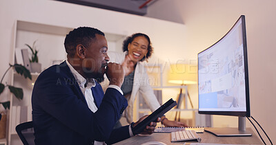 Buy stock photo Computer, collaboration and a business team laughing in the office while working on a project together. Technology, teamwork and funny with a happy work partnership using the internet for research 