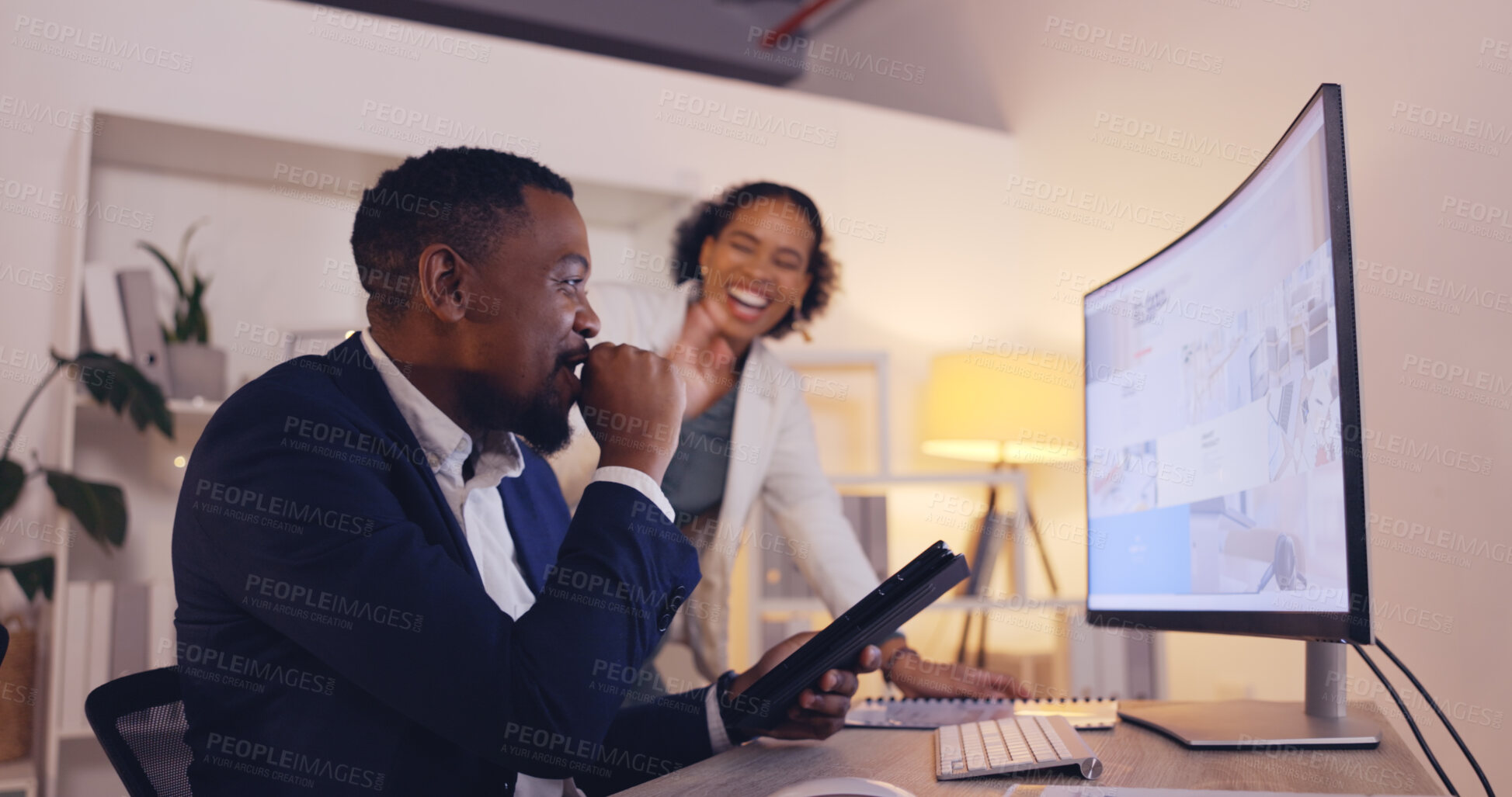 Buy stock photo Computer, collaboration and a business team laughing in the office while working on a project together. Technology, teamwork and funny with a happy work partnership using the internet for research 