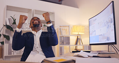 Buy stock photo Happy businessman, fist pump and celebration at night for success, winning or achievement at office. Black man smile working late for bonus, promotion or good news in victory or sale at workplace