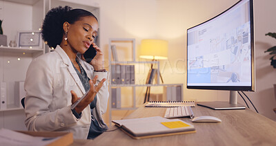 Buy stock photo Black woman, business and phone call for consultation, conversation or discussion at office. Happy African American female employee talking or consulting on smartphone for marketing at workplace