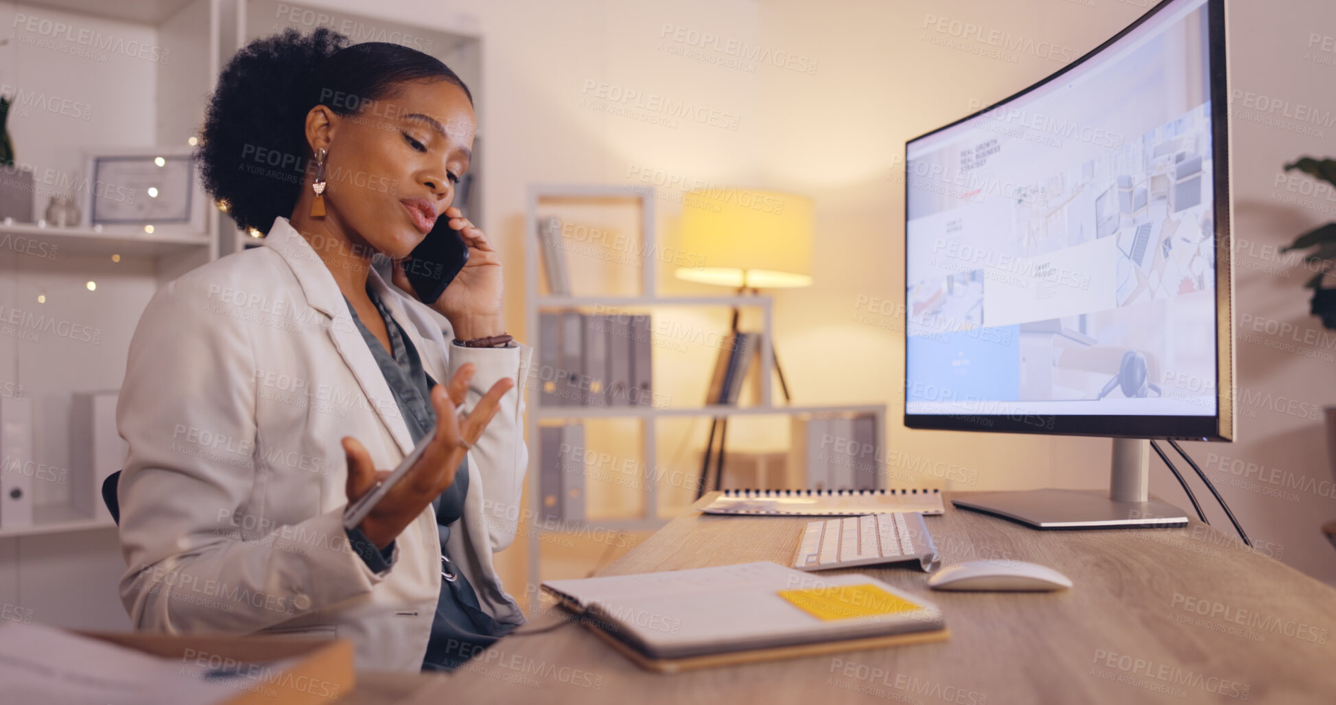 Buy stock photo Black woman, business and phone call for consultation, conversation or discussion at office. Happy African American female employee talking or consulting on smartphone for marketing at workplace