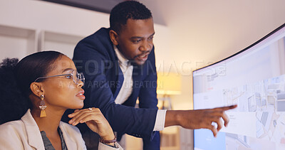 Buy stock photo Business people, coaching and computer at night for project deadline, teamwork or planning at office. Businessman or mentor training woman, intern or staff working late in team strategy, plan or idea