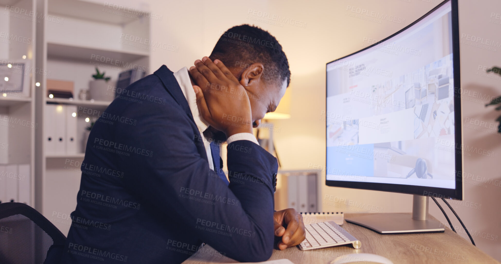 Buy stock photo Businessman, neck pain or injury at night in stress, burnout or mistake on computer at office. Black man or employee working late with sore muscle, tension or strain from overworked at workplace