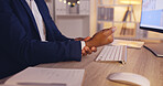 Hands of business man with pain, carpal tunnel syndrome or wrist strain from overtime, late night work or keyboard typing. Arthritis risk, medical emergency and office person with hurt injury problem
