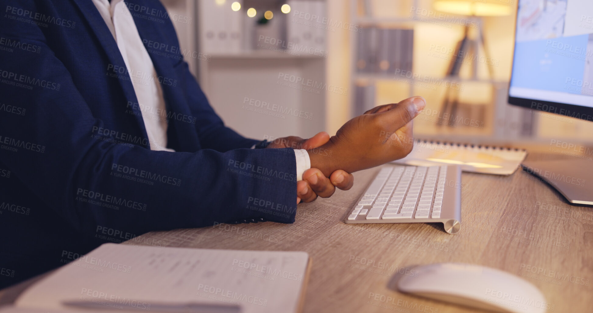 Buy stock photo Hands of business man with pain, carpal tunnel syndrome or wrist strain from overtime, late night work or keyboard typing. Arthritis risk, medical emergency and office person with hurt injury problem