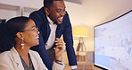 Business people, teamwork and training on computer screen at night for collaboration, planning or strategy at office. Businessman and woman working late in web design on desktop PC at workplace