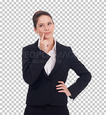 Buy stock photo Planning, business and woman thinking while isolated against a transparent png background for plan. Confidence, idea or brainstorming of professional young female person with problem solving solution