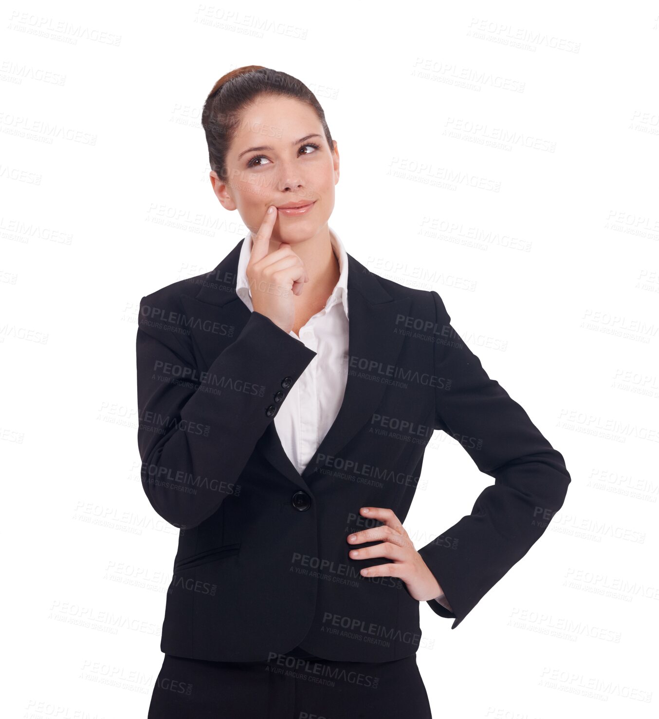 Buy stock photo Planning, business and woman thinking while isolated against a transparent png background for plan. Confidence, idea or brainstorming of professional young female person with problem solving solution