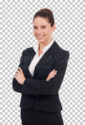 Buy stock photo Portrait, professional and arms crossed with a woman lawyer isolated on a transparent background for legal advice. Business, law and a corporate female attorney in a suit on PNG for judicial work