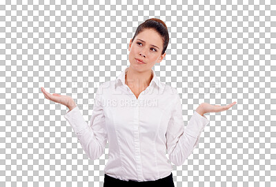 Buy stock photo Palm, choice and business woman thinking isolated on transparent png background for job decision. Doubt, confused and young person or employee with hands for presentation, offer or questions in emoji