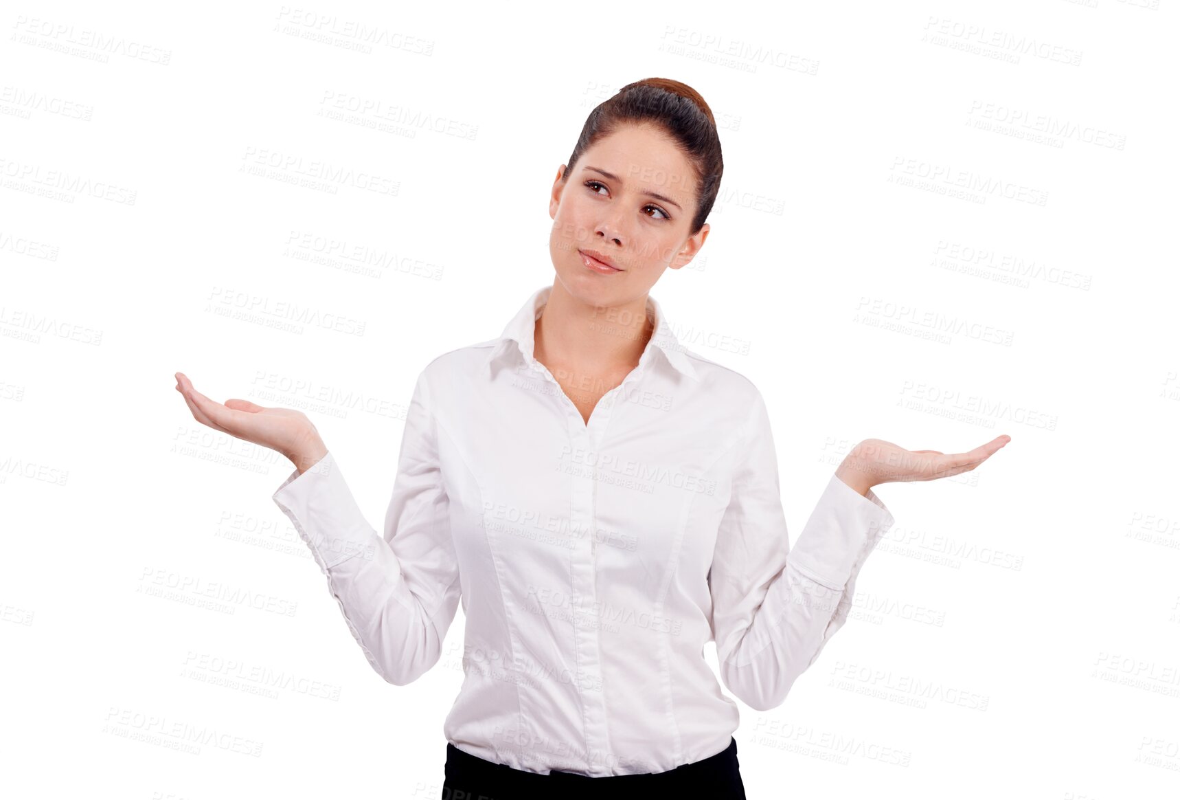 Buy stock photo Palm, choice and business woman thinking isolated on transparent png background for job decision. Doubt, confused and young person or employee with hands for presentation, offer or questions in emoji