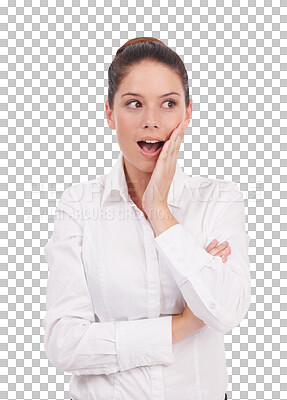 Buy stock photo Thinking, surprise and shocked business woman isolated on transparent, png background. Professional female person with hand by mouth for wow announcement, good news and excited for promotion 