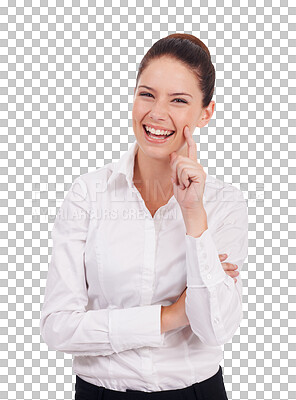 Buy stock photo Portrait, laughing and funny with a business woman isolated on a transparent background for humor or comedy. Happy, smile and comic with an attractive young female work employee joking on PNG