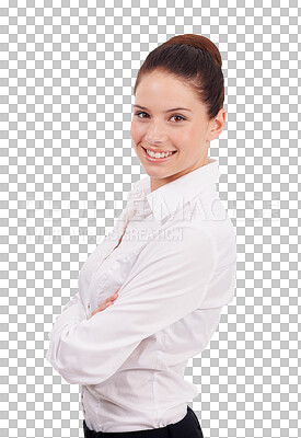 Buy stock photo Arms crossed, portrait and woman with a smile, confident and positive working mindset on transparent, isolated or png background. Happy, face and corporate employee excited, ready or start work