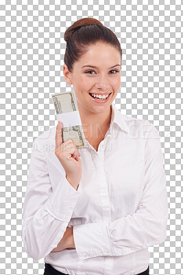 Buy stock photo Money, winner and happy woman in portrait for financial success, bonus or cashback isolated on transparent png background Lotto, banking and professional person smile for winning cash, wealth or loan