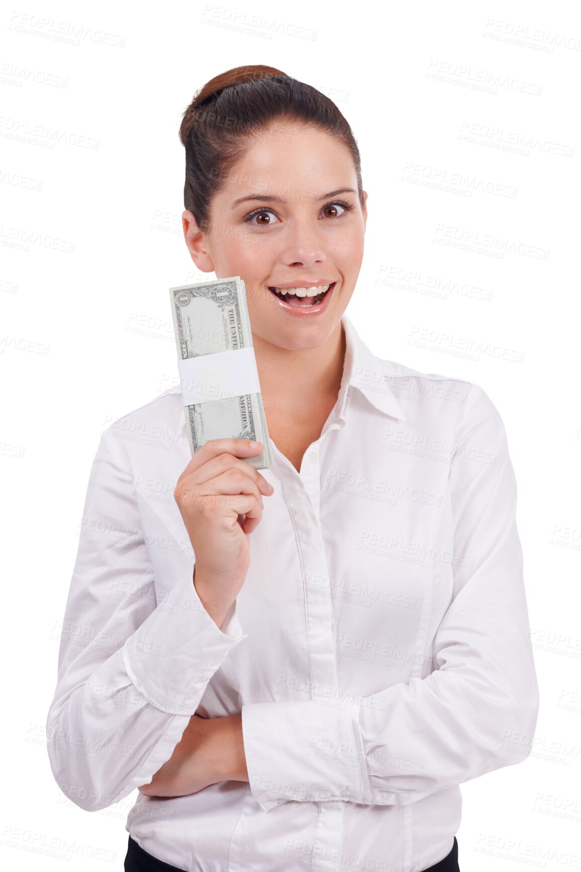 Buy stock photo Money, surprise and portrait of business woman of bonus, success or cashback isolated on transparent png background. Wow, banking and winner or person smile for winning cash, wealth or financial loan