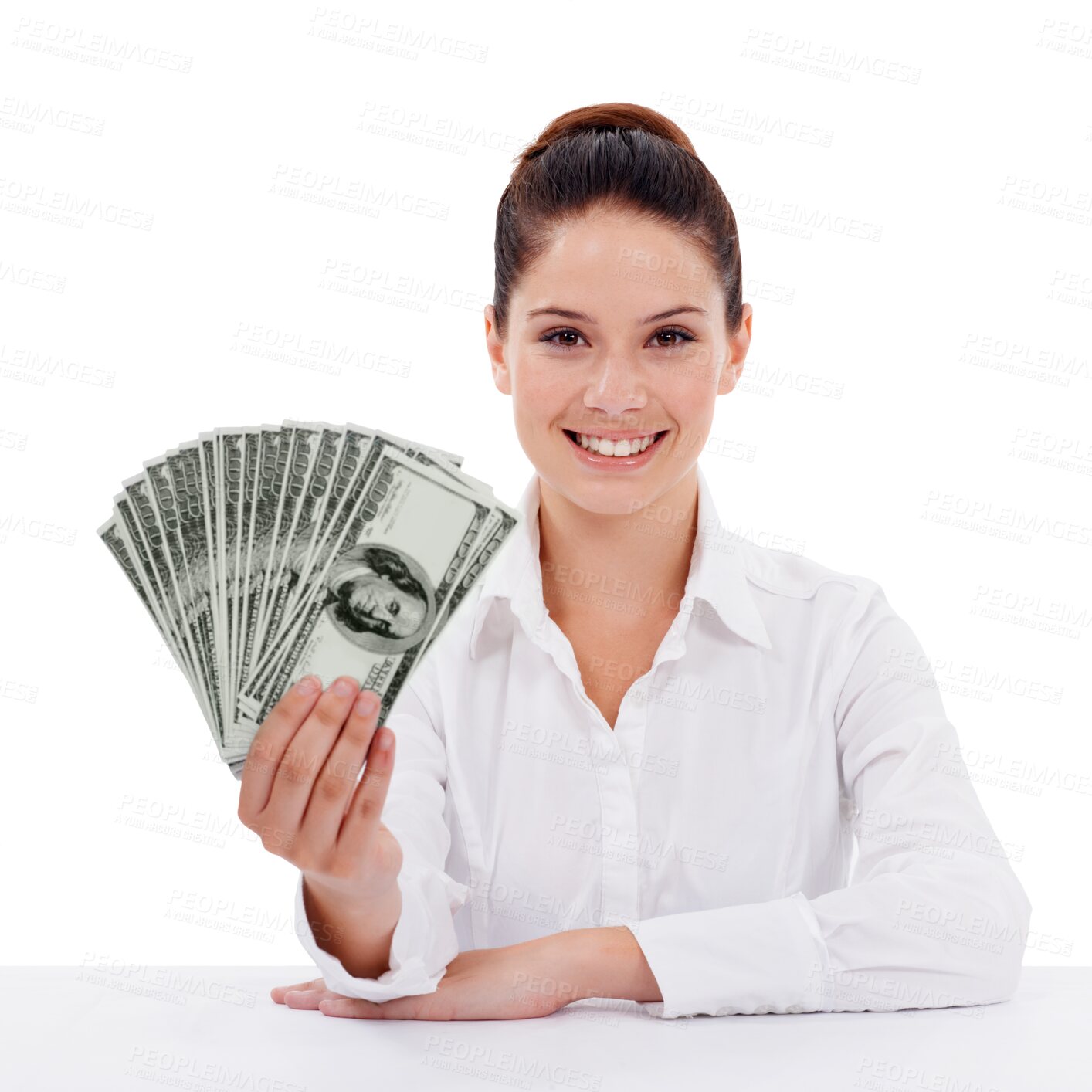Buy stock photo Business woman, portrait and money fan in bonus offer, financial success and winning, financial loan or cashback. Happy face, person and dollars, cash or profit isolated on transparent png background