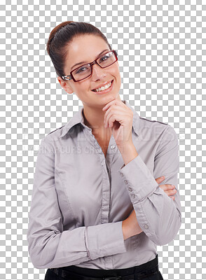 Buy stock photo Spectacles, crossed arms and portrait of a businesswoman with success, confidence and leadership. Happy, smile and professional corporate female lawyer isolated by a transparent png background.