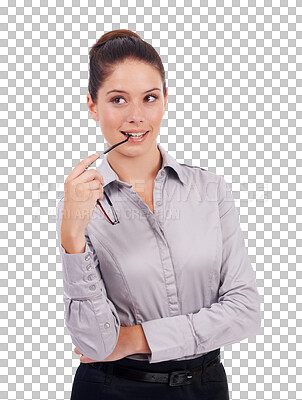 Buy stock photo Thinking, future and a young lawyer woman isolated on a transparent background for legal problem solving. Idea, law and question with an attractive female advocate planning her trial defense on PNG