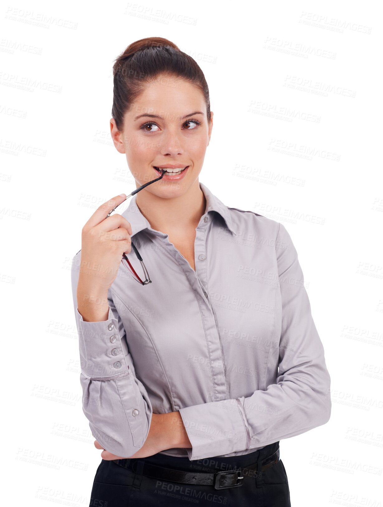 Buy stock photo Thinking, future and a young lawyer woman isolated on a transparent background for legal problem solving. Idea, law and question with an attractive female advocate planning her trial defense on PNG