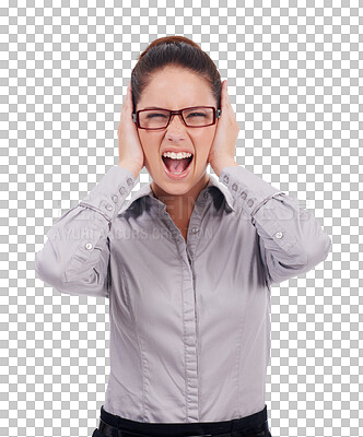 Buy stock photo Frustrated, noise and portrait of woman to cover ear with hands on head, ears or palms to block sound on transparent, isolated or png background. Business, person and hate listening to music or audio