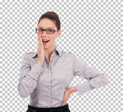 Buy stock photo Surprise, shock and portrait of a business woman isolated on transparent, png background. Professional female person with glasses and hands by mouth excited for wow announcement, news or promotion 