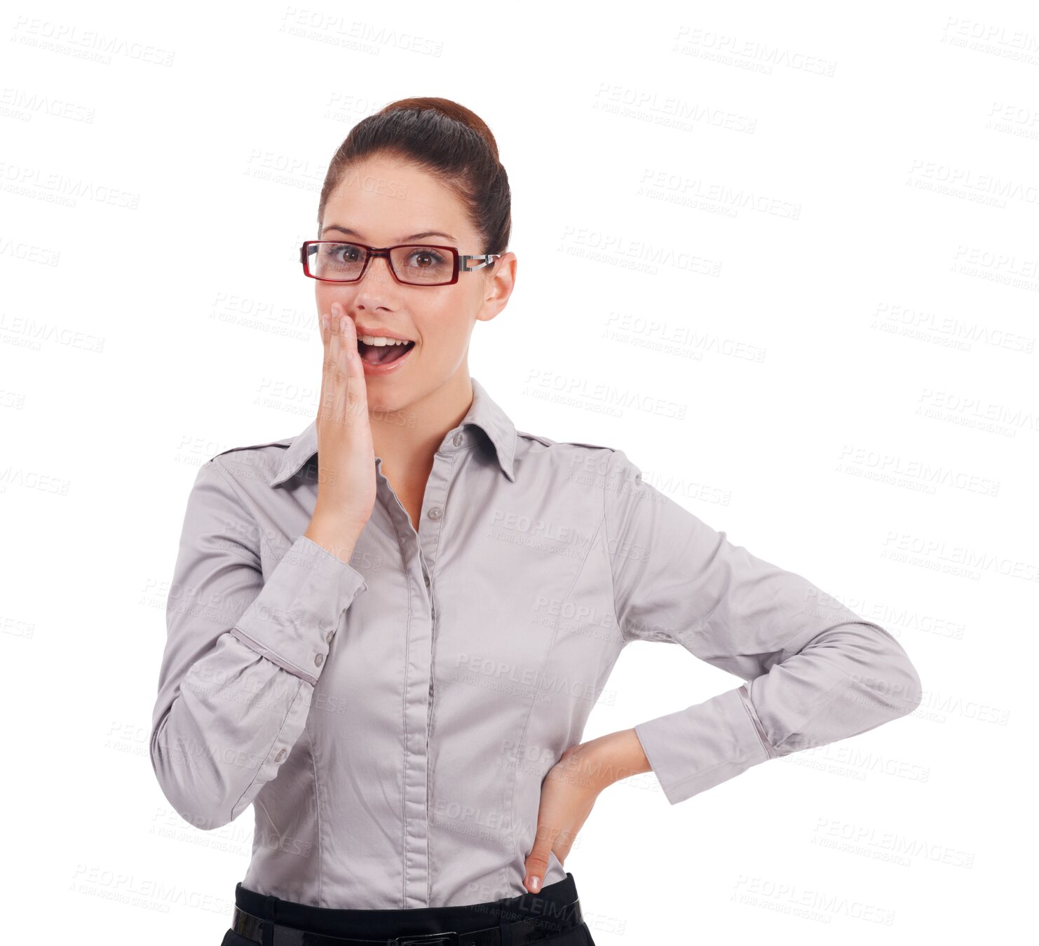 Buy stock photo Surprise, shock and portrait of a business woman isolated on transparent, png background. Professional female person with glasses and hands by mouth excited for wow announcement, news or promotion 