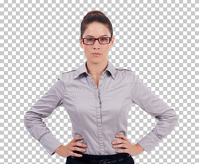 Buy stock photo Professional, woman and focus and confident with glasses in png or isolated and transparent background with accountant. Business female, serious face and spectacles for success at work and assertive.