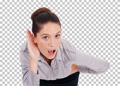 Buy stock photo Listening, ear and portrait of business woman hearing gossip, announcement or news on transparent, isolated or png background. Face, surprise or person with hand cupping ears to hear secret or listen