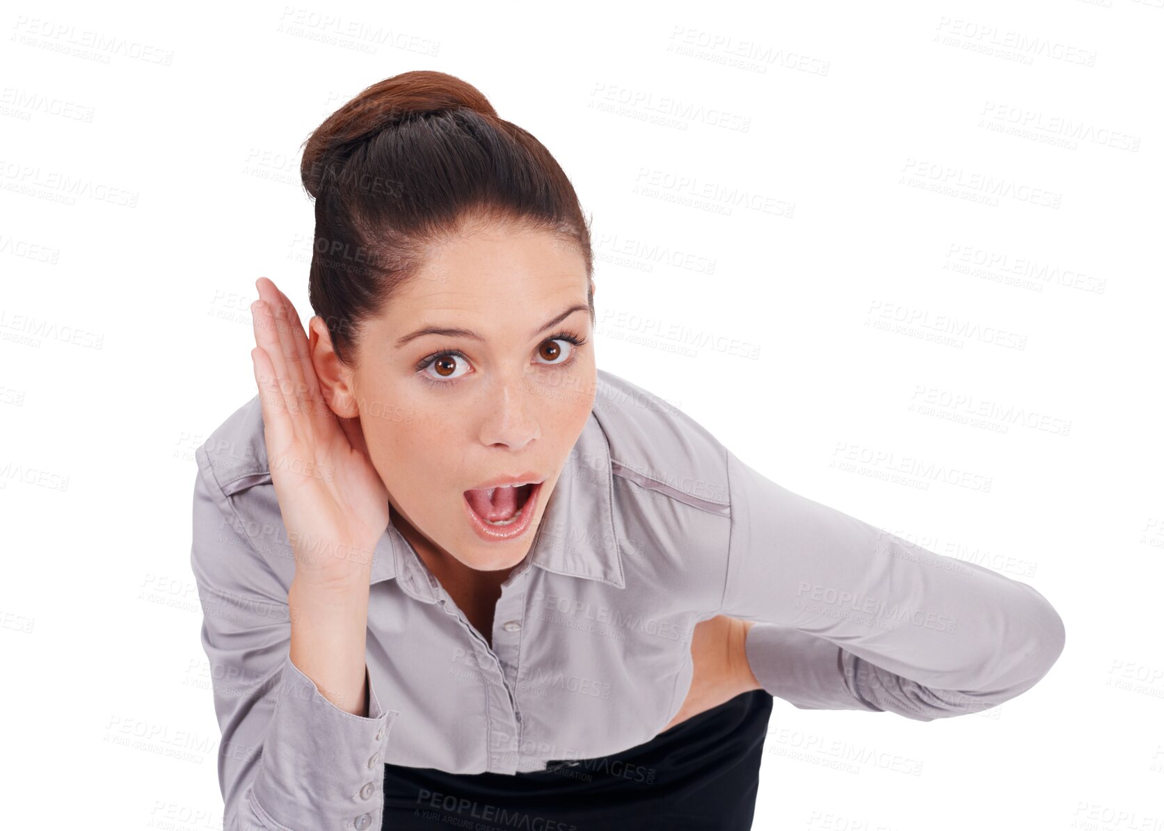 Buy stock photo Listening, ear and portrait of business woman hearing gossip, announcement or news on transparent, isolated or png background. Face, surprise or person with hand cupping ears to hear secret or listen