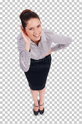 Buy stock photo Listening, ear and portrait of business woman hearing gossip, secret or announcement on transparent, isolated or png background. Face, happy or person with hand cupping ears to hear news or listen